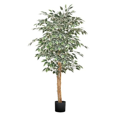 VEVOR 5FT Artificial Ficus Tree with Black Pot, Tall Faux Ficus Plant with Natural Wood Trunk and Realistic Green Leaves, Indoor Fake Silk Tree for Home, Office, Living Room, or Corner Décor - color: Artificial Ficus Tree, size: 5ft