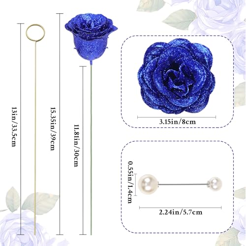 Waipfaru Blue Glitter Roses Bouquet, DIY Fake Flowers Bouquet, Everlasting Shiny Artificial Rose Bouquet for Valentines, Anniversary, Engagement, Wedding, 24 Roses - color: Blue, size: 24pcs