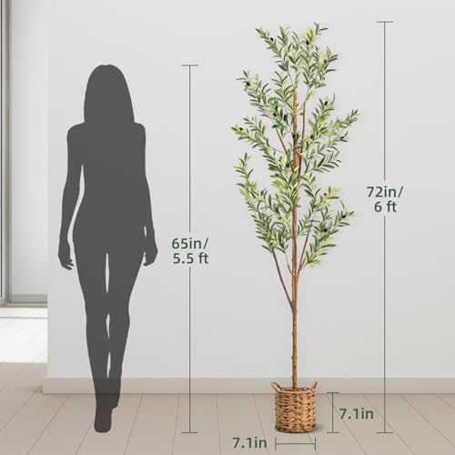6ft Artificial Olive Tree with LED Fairy Lights, Tall Faux Potted Plant with Woven Basket - Natural Wooden Trunk & Lifelike Leaves & Fruits for Indoor Home Office Foyer Decor Housewarming Gift - size: 5ft 11in
