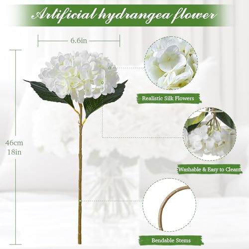 6PCS Realistic Artificial Silk Hydrangea Flowers – Premium Fake Hydrangea Flowers Bouquets with Stems, Full Faux Hydrangea Blooms for Home Wedding Table Party Baby Shower Decorations(White) - color: Cream White