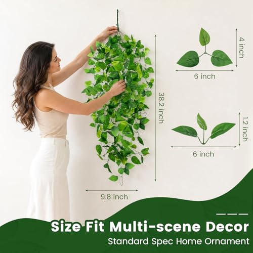 DomeStar 2PCS Fake Vines, Fake Pothos Hanging Plants Ivy Vines, Artificial Greenery for Home Kitchen Wall Decor Aesthetic Home Decor (No Baskets)