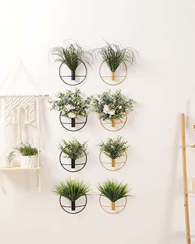 Pretty Jolly Wall Decor Metal Vase Decoration Holder, Mounted Artificial Flowers, Golden Fake Wheat 2 Pack, Art Artificial Greenery, Farmhouse, Boho - color: 08-greenery-eucalyptus - Black Ring, size: S 7.8inch (Black Ring)