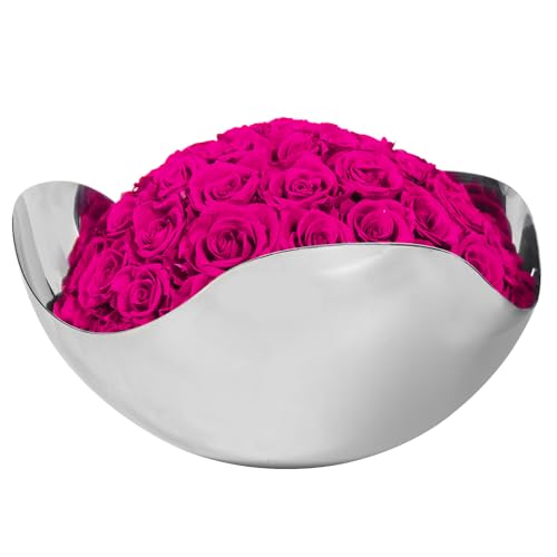 JoyFlower Preserved Roses in Stainless Steel Bowl Style Tray, Eternal Flowers Table Centerpiece for Home Decor, Dining Table, Living Room, Wedding,Anniversary,Luxury Floral Arrangement(Large, Fuchsia) - color: Fuchsia, size: Large