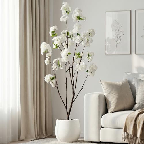 Ttranewsoo Fake Tree Cherry Blossom Tree 59'' Artificial Cherry Blossom Tree Tall Fake Plant Faux Trees Indoor Artificial Trees for Home Decor Indoor Applies to Living Room Bedroom Balcony (White) - color: 1.5m White