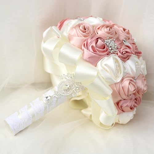 Blush Pink and Ivory Wedding Bouquet with Silver Brooch Bling Rhinestone Satin Dusty Rose Flower Bridal Bouquet for Bride Bridesmaid Quinceanera Bouquet Wedding Blush Pink and Ivory 6.3in - color: Blush, Pink & Ivory(silver Brooch), size: Diameter: 6.3 in