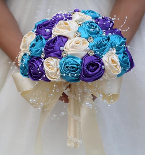 Ujicde Romantic Wedding Bouquet Bridal Bridesmaid Round Bling Brooch Bouquet Throw Toss Artificial Rose Flower Bunch with Sparkle Rhinestone Crystal Decoration(Blue Purple+Cream,Dia. 6.3"*16cm) - color: Blue Purple+cream, size: Dia. 6.3"*16cm