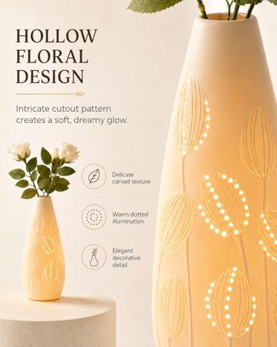 TACAHE Ceramic Vase Table Lamp, 2700K Bulb & 3 Artificial Flowers Included, E12 Socket, Inline Switch, Handmade Openwork Craft, Ambient Light for Living Room Bedroom - Tulip 11" - style: Tulip