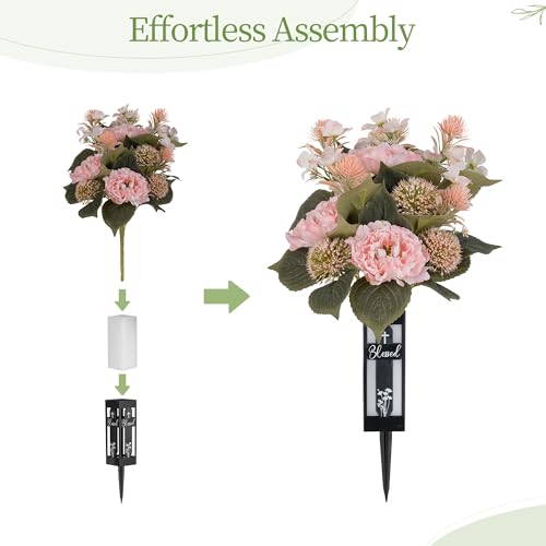 Pink Artificial Flowers for Cemetery : 2 Pcs Peony Grave Flower Bouquets for Cemetery Decorations - Outdoor Gravesite Flowers with Vase - color: Pink