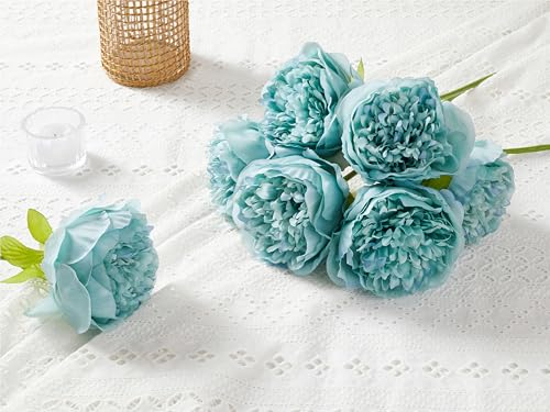 SITUMEIZI 10PCS Artificial Peony Flowers, Real Touch Fake Silk Bouquet with Stems for Home Mothers Day Wedding Party Centerpieces Table Decoration Indoor(Teal) - color: Teal