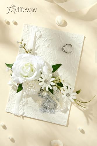 White Rose Boutonniere and Wrist Corsages for Wedding(Set of 2)，Prom Corsage for Bridesmaid Mother Grandmother, Artificial Flowers for Homecoming Party Anniversary Graduation Decor - color: Bright White, size: 1 Corsage & 1 Boutonniere