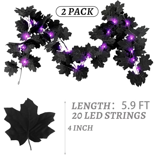 Black Leaf Garland with Purple Lights, 2 Pack Halloween Artificial Hanging Fall Leave Vines with 20 LED, Fall Floral Garlands Thanksgiving Decor for Home Wedding Party (11.8FT) - color: 2 Black With 2 Lights