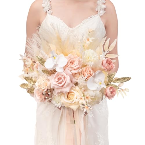 TINGE TIME 13 Inch Artificial Flower Wedding Bouquets for Bride, Cascading Bridal Bouquet for Wedding Bouquet for Wedding Ceremony and Anniversary(Champagne&Pink) - color: Champagne&pink