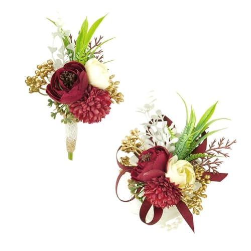 Ansofi Burgundy Wine Red Corsage and Boutonniere Set Artificial Rose Flower Wrist Corsage and Boutineers for Groom Groomsmen Bride Bridesmaids Prom Rustic Vintage Wedding Decor - color: Burgundy Wine Red