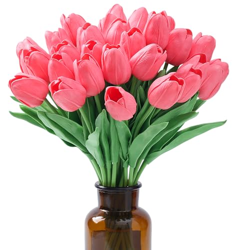 SITUMEIZI 15pcs Tulips Fake Pink Artificial Flowers Real Touch 14" PU Flower for Home Decor Spring Easter Wedding Bouquet Decorations Valentine's Day Gifts(Fluorescent Pink) - color: Fluorescent Pink