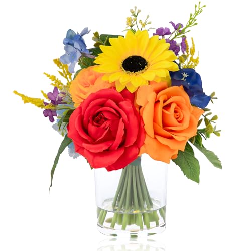 WELL KNOWN Artificial Flowers in Vase with Fake Water, Colorful Spring Flowers Fake Sunflowers Rose Peonies Bouquet for Home Wedding Party Dining Table Baby Shower Decor & Birthday Gift (Rainbow) - color: Colorful Rainbow