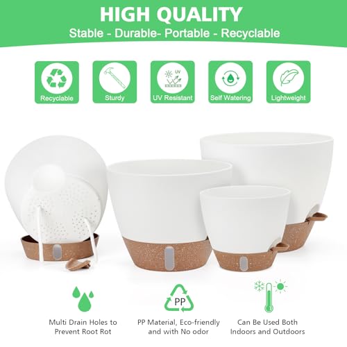 12" 10" 9" 8" Self Watering Pots with Water Level Indicator, Large Plastic Planters Set with Mesh Drainage Hole and Removable Saucer Reservoir, Big Flower Pot for Indoor Outdoor Plants - White - color: White
