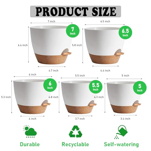 Self Watering Plant Pots with Drainage & Saucers, 5-Pack 7/6.5/6/5.5/5 in - Plastic Flower Pots for Indoor Plants, Succulents & Herbs, Planters for Indoor Outdoor & Balcony (White) - color: White