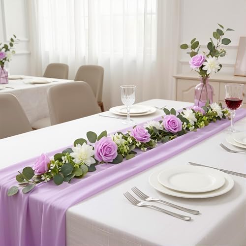 4 Pack Wedding Garland Set, Purple Rose & White Dahlia Hanging Flower Vines for Wedding Arch, Backdrop, Mantel, Home Decor (5.91ft) - color: Purple White