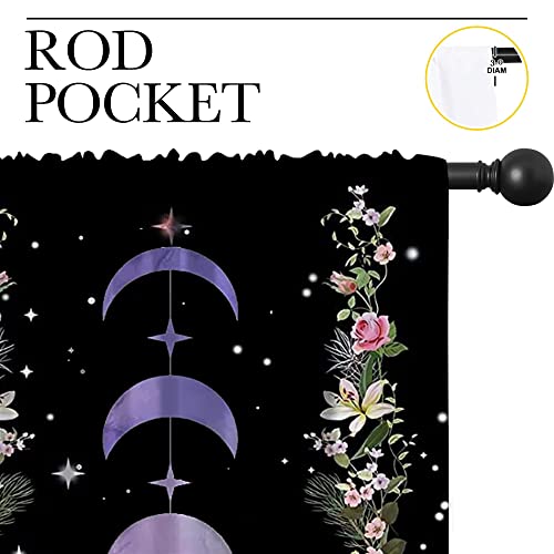 Purple Boho Floral Wildflower Rod Pocket Blackout Curtains for Bedroom,Moon Phase Moonlit Garden Witchy Gothic Aesthetic Energy Efficient Home Window Drapes for Living Room Noise Reducing,55x63in - color: Purple Boho Floral Wildflower-008, size: 55"W x 63