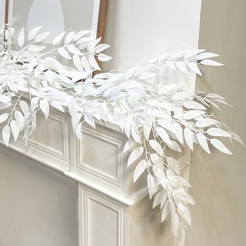 RECUTMS Artificial Willow Leaves Vine 6.5ft Fake Hanging White Garland | Fake Silk Leaf, Faux Twig Rattan Wreath, For Home Wedding Birthday Party Decor, Halloween & Christmas, Indoor Outdoor - color: White