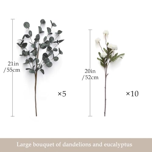 Laelfe 10 Kiku Artificial Flowers + 5 Large Eucalyptus Branches, Silk Fake White Flowers Pompon Mums (Ball Flower Stems) - Decor for Home, Centerpieces & Shower Arrangements(Vase not Included) - color: 10 Kiku+5 Eucalyptus