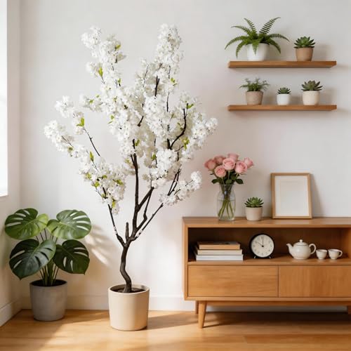7.2ft Tall Artificial White Cherry Blossom Tree Indoor Decor, Fake Silk Flower Cherry Tree Plant Outdoor, Faux Flowering Tree Christmas New Year Home Decor - color: White-ap19