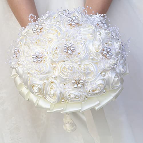 Ivory Bridal Wedding Bouquet Handmade with Rhinestone Pearl Ribbon Satin Rose Flower Bouquet for Bride Bridesmaid Quinceanera Bouquet Wedding Ivory 8.7in - color: Ivory (Standard Size: Dia.8.7")