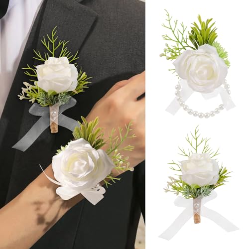 Garisey Artificial Flowers White Rose Wrist Flowers and Men's Corsage Wedding Flowers Ceremony Prom Flower (1 Boutonniere & 1 Wrist Corsage White) - color: 1 Boutonniere & 1 Wrist Corsage White