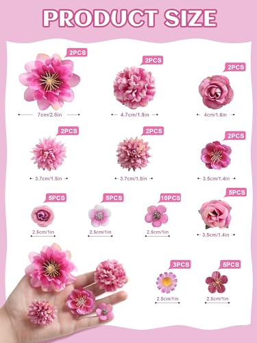 rongflower Mini Artificial Flowers for Crafts, 45 Pcs Rose Red Silk Fake Flowers Assorted Faux Roses Peonies Daisies Bulk for Wedding Decor Graduation Cap Cake Topper Home DIY - color: Rose Red