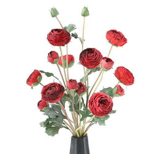 6Pcs Realistic Silk Red Ranunculus Artificial Flowers Long Stems, 23.6" Tall Fake Flowers Faux Flowers Suit for Year-Round Home Decoration, Wedding, Bridal Bouquets, Office - color: Red