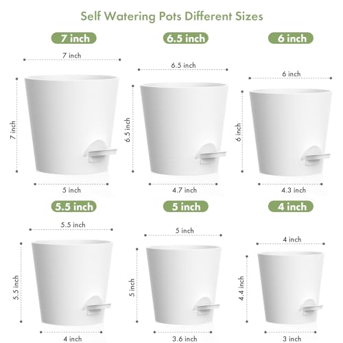 WSMKSZ 7/6.5/6/5.5/5/4 inch Self Watering Pots for Indoor Outdoor Plants, 6 Pack Plastic Flower Planters with Drainage Holes and Removable Saucers, Plant Pots with Wicking Rope, Modern Decor, White - color: White, size: 7+6.5+6+5.5+5+4inch 6pcs