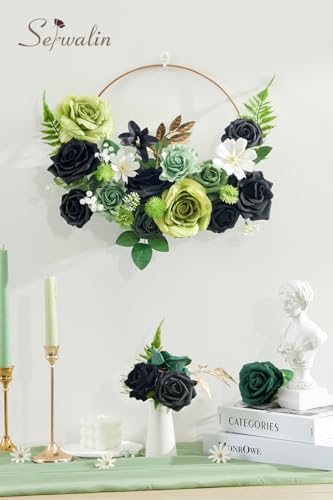 Serwalin Green Artificial Flowers, Black Silk Fake Flowers Greenery Stems for DIY Wedding Bridal Bouquets, Wedding Cake Flowers for Table Centerpieces Baby Shower Birthday Party Home Decorations - color: Black & Green, size: Square
