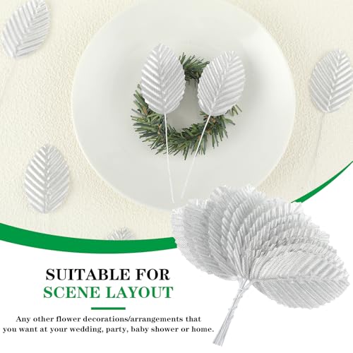 200 Pcs Silver Leaves for Crafts - Artificial Silk Faux Wired Single Leaf Wire Crafts Leaves - Plastic Artificial Flowers - For DIY Home Wreath, Wedding, Christmas - color: Silver