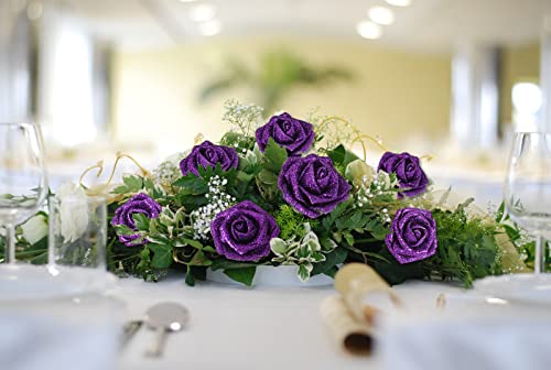 IPOPU Artificial Glitter Roses,50PCS Purple Glitter Flowers Sparkle Fake Roses for Cake Wedding Bouquet Home Party Decoration(Purple) - color: 50pcs Purple