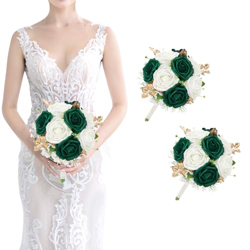 Wedding Bridesmaid Bouquet Set of 2 - Artificial Flowers Bouquets for Bridesmaids Pre-made 7 Inch Faux Small Floral Bouquets Bridal Shower, Wedding, Ceremony, Anniversary - Emerald & White & Gold - color: White & Emerald & Gold, size: Set of 2 Bridesmaid