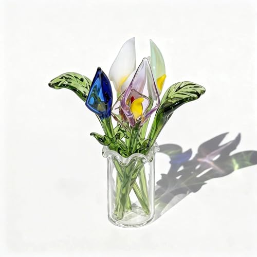 8 Pcs Mini Glass Calla Lily Flower Hand Blown Glass Artificial Flowers with Clear Vase Crystal Tulip Bouquet Collectible Ornament for Women Mom Wedding Home Table Centerpiece (Multicolor) - color: Multi Color