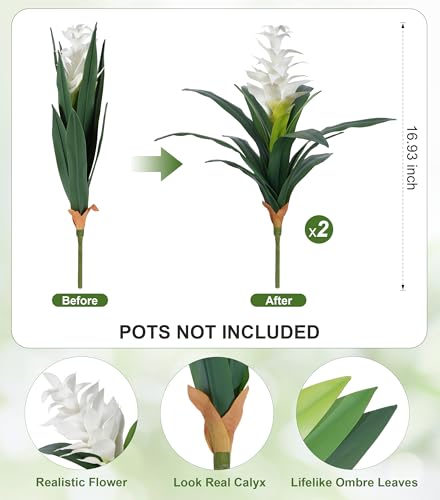Ivydale Fake Flowers Plants for Outdoors, 2 Pcs 16.93" Bromeliad Artificial Flowers Uv Resistant Realistic Faux Flowers for Outdoor Planters Outside Porch Patio Yard Garden Indoor Decoration(White) - color: White