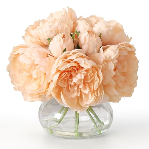 Champagne Peonies Artificial Flowers in Vase, Silk Faux Peony Fake Flower Arrangements with Glass Vase and Faux Water for Home Decor Wedding Bouquets Table Centerpieces, Set of 7 - color: Peony Vase With Faux Water, size: Champagne