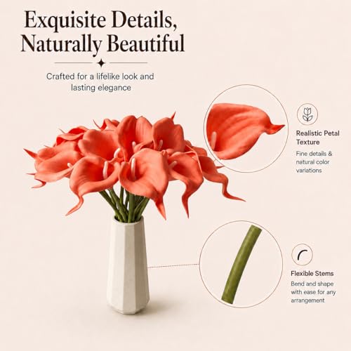 Mandy's 20pcs Coral Calla Lily Artificial Flowers | 13.5 Inch PU Realistic Bouquet for Vase Elegant Home Decor Centerpiece Wedding Bridal Bouquet Table Decoration - color: Coral-1