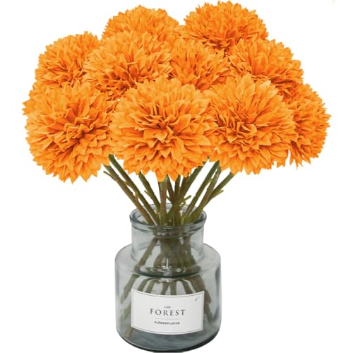 Tinsow 12 Pcs Artificial Chrysanthemum Flowers Orange Faux Ball Flowers Autumn Mums Florals Wedding Bouquet for Fall Farmhouse Home Kitchen Decoration (12, Orange) - color: Orange