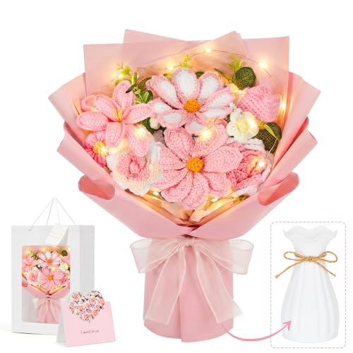 Crochet Flower Bouquet, Pink Handmade Knitted Flowers with Lights & Vase, Crochet Tulips Galsang Liliy Rose Daisy Flower for Mothers Day Graduation Wedding Lover Teacher Anniversary Birthday Gifts - color: Pink