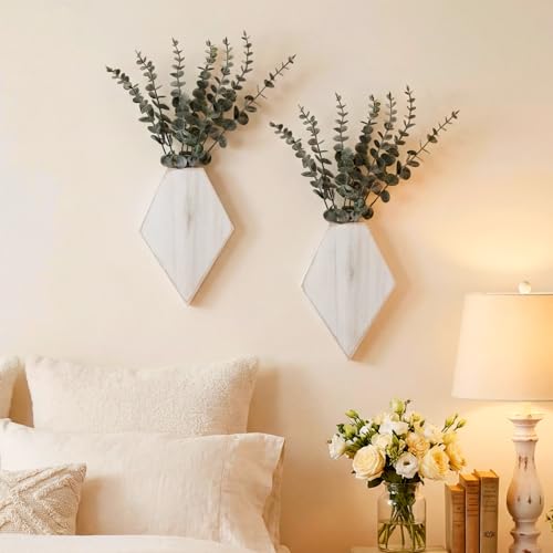 Chunful 2 Pcs Wooden Wall Planter Decor Hanging Faux Plants Greenery Flowers Holder Vase Boxes for Wall Bohemian Farmhouse Room Kitchen Office Indoor Decoration(Retro White,9.8 x 6.6 x 1.2 Inches) - color: Retro White, size: 9.8 x 6.6 x 1.2 inches