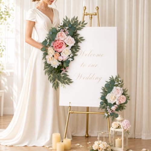 AitnWoy Artificial Wedding Arch Flowers Kit 2 PCS Dust Rose Flowers Silk Peony Floral Swag Welcome Sign for Wedding Ceremony Party Home Garland Decor - color: Pink, size: 28" + 11"