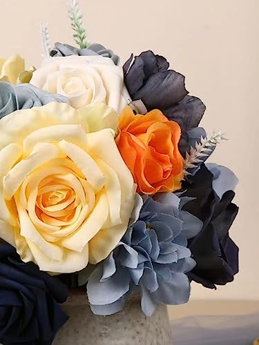 Navy Blue Artificial Flower Box, Silk Dahlia Rose Faux Flowers with Stems for DIY Wedding Bouquets Centerpieces Arrangements Table Decor Baby Shower Party - color: Adela Classic Navy Blue