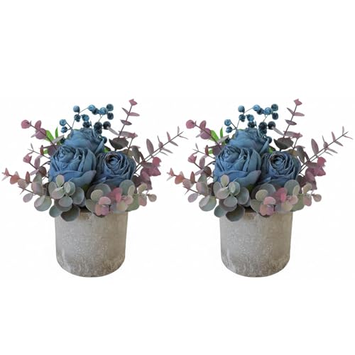 Small Artificial 2pcs Burnt Blue Rose Potted Plant, 6" Fake Silk Flowers in 3" Cylindrical Pot, Mini Faux Floral Arrangement for Desk Shelf Bathroom Decor - color: 2pcs Burnt Blue