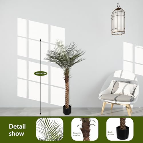 5ft Artificial Palm Tree Outdoor/Indoor, UV Resistant Faux Palm Tree with Real Bark, 60" Large Fake Silk Tree in Pot for Home, Office, Living Room, Patio, and Yard Decor - size: 5FT-S