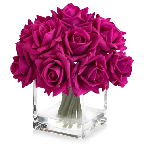 JINWOE Rose-red Fake Roses with Stems,10pcs Soft Real Touch Silk Faux Roses Bouquet, Lifelike Artificial Rose for Wedding Table Centerpieces Party Home Decoration - color: Rose Red