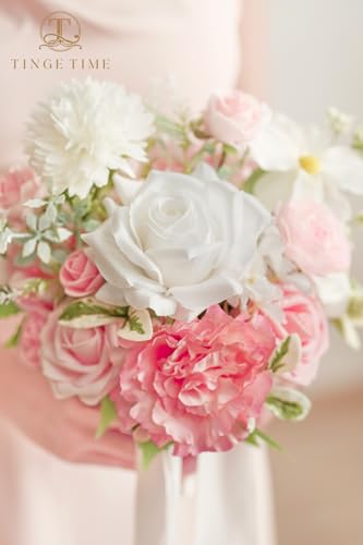 TINGE TIME CoralPink Bridesmaid Bouquets Set of 4 7 Inch Wedding Bouquets Artificial Silk Flowers Bridal Bouquets for Bridesmaids, Wedding Decor, Anniversary, Party - color: Coralpink&white