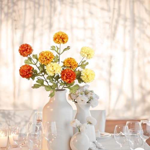 CISDUEO 3 Pcs Artificial Marigold Flowers Artificial Chrysanthemums Ball Flower Orange Silk Mums Flowers Spring Branches for Home Decor Floral Arrangement Table Centerpiece