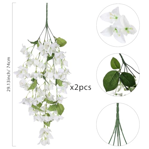 IPOPU Artificial Bougainvillea Hanging Flowers 2PCS UV Resistant Fake Silk Bougainvillea Plant Vine Faux Flowers for Garden Yard Porch Patio Wedding Wall Home Outdoor Decor (White) - color: White